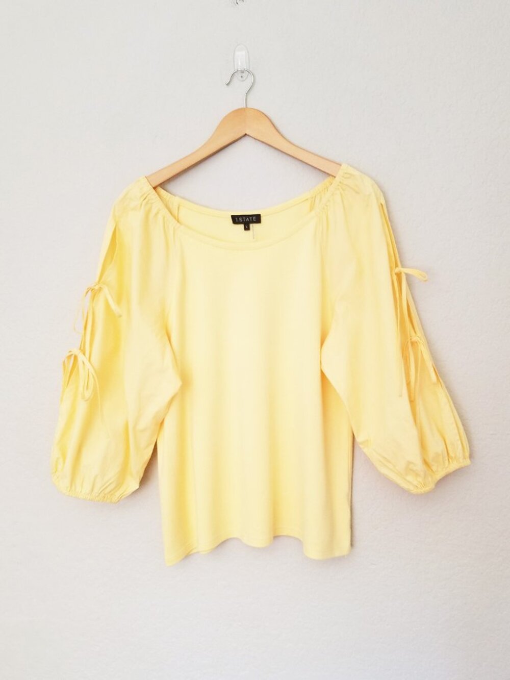 1. State Women' L Butter Yellow 3/4 Balloon Sleeve Tie Bow Blouse Top Coquette - Picture 14 of 14